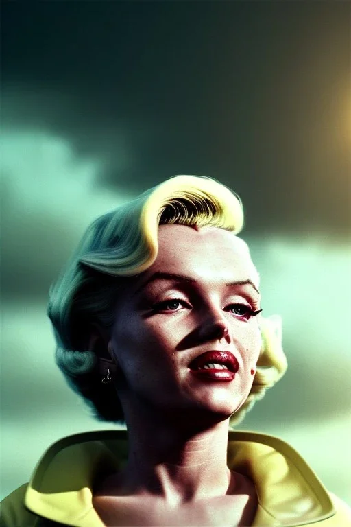 Ultra Realistic retro sci-fi image, portrait, blonde woman, sweet young Marilyn Monroe face, perfect iris, tight latex coat, Strange planet background, Retro sci-fi style helmet, fog, rain, soft color, highly detailed, unreal engine 5, ray tracing, RTX, lumen lighting, ultra detail, volumetric lighting, 3d, finely drawn, high definition, high resolution.