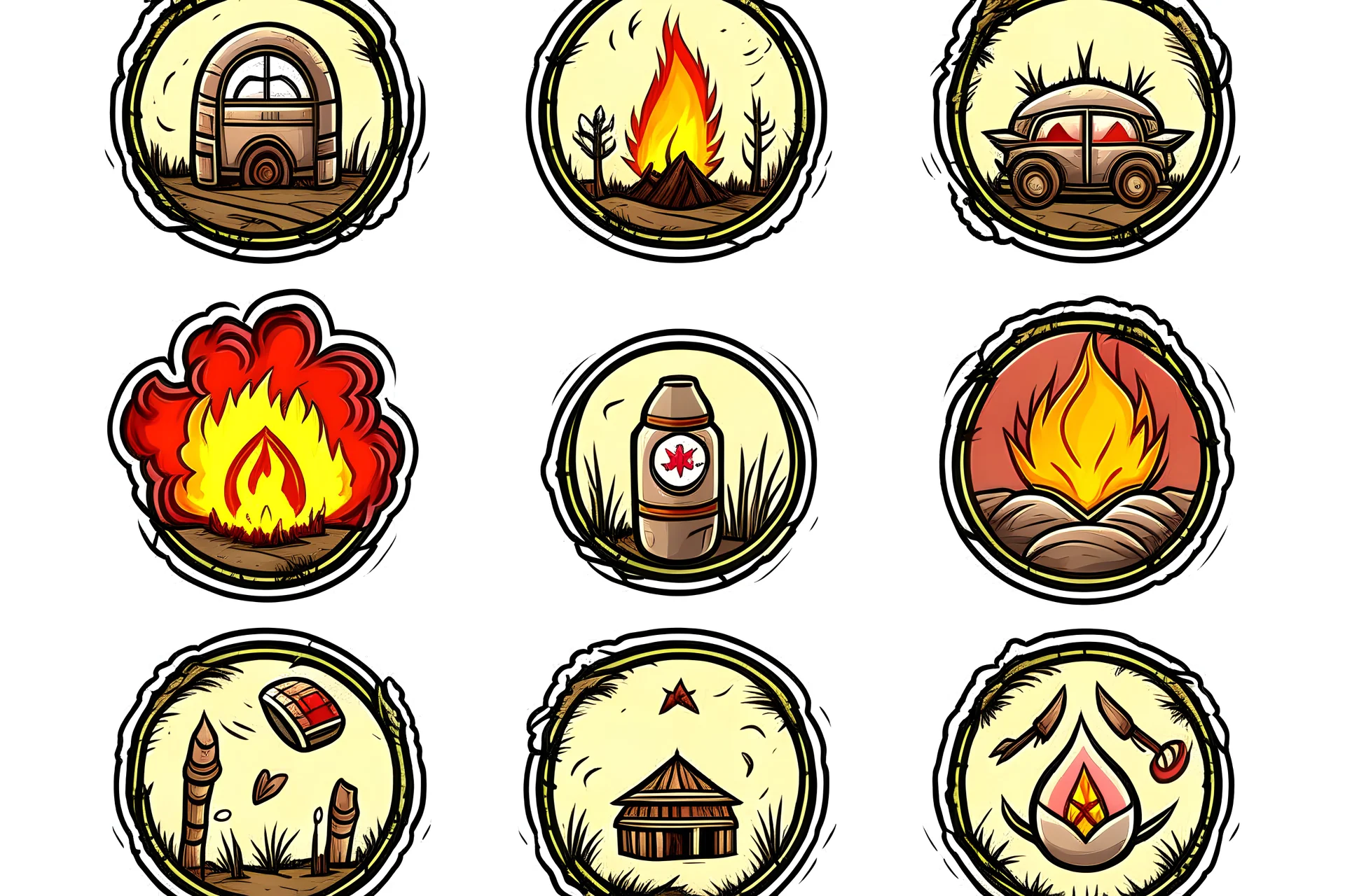 Survival game icon pack, comic book, post-apocalypse, white background