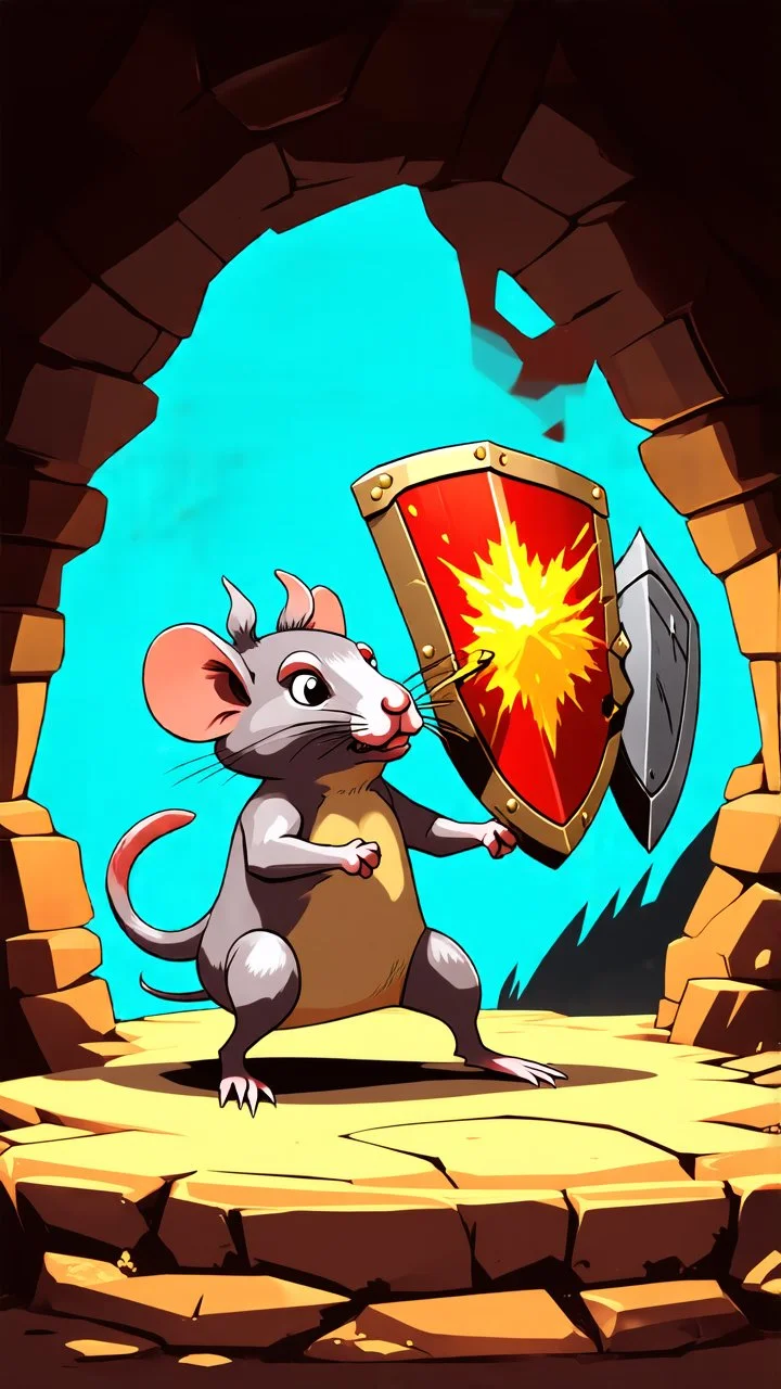 Shield Bash: "A cartoon rat with a tiny shield, pushing back an enemy, exaggerated motion, whimsical dungeon setting, fantasy illustration, vibrant and playful style."
