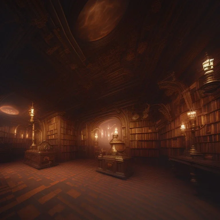 inside of a mystery dark gothic museum, dystopic, millions of books, labyrintic architecture, dark brown orange color scheme, high key lighting, volumetric light high details with white stripes and feathers unreal 5, octane render, cinema4d, dynamic lighting, dramatic lighting, 4k, redshift render, highly detailed, hyper realistic, sunset, gigantic architecture