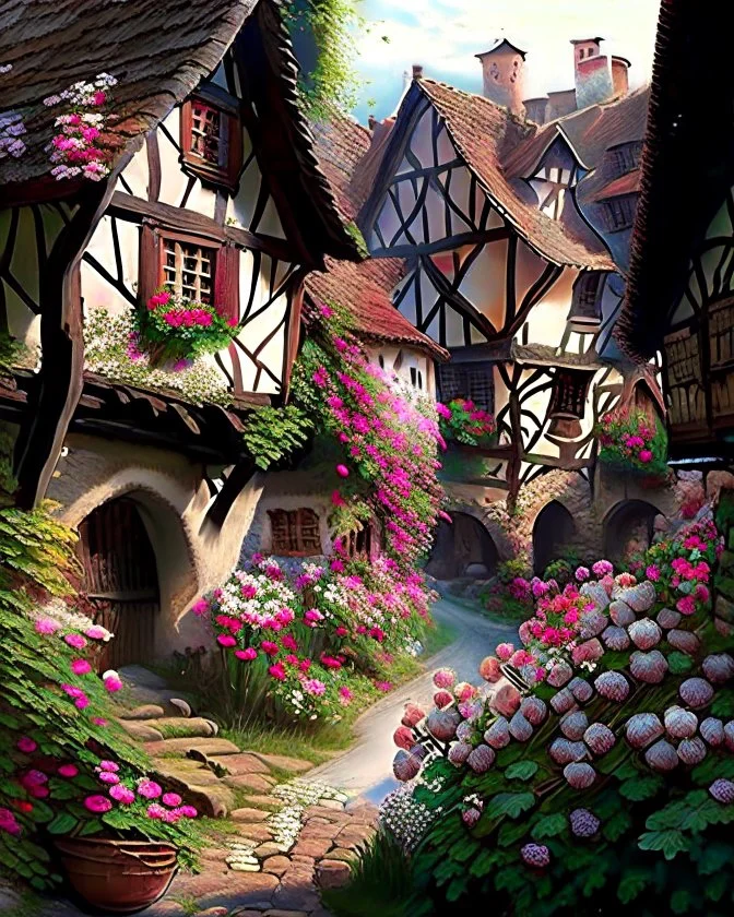 german medieval village with flowers rpg art painterly