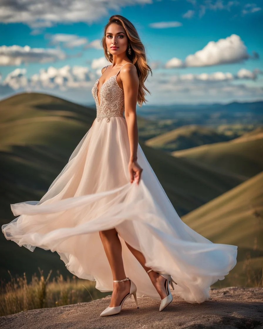 full-body closeup shot of a young, beautiful girl with a perfect face and makeup,wearing pretty dance dress standing in a stage in open air nice hills , blue sky ,pretty clouds at distant