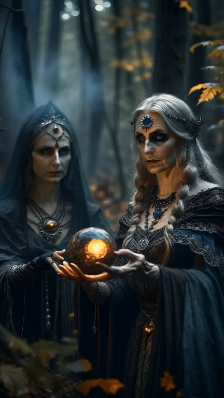 close up portrait of merciless medieval countess and her creepy sister in big eyed trance, delicate metal gloves holding fire ball portal, full moon, swirly mist,autumn wind, performing arcane invocation ritual of smoke demon with immense power on luminous stone altar in dark forest grove, shot on Hasselblad h6d-400c, zeiss prime lens, bokeh like f/0.8, tilt-shift lens 8k, high detail, smooth render, down-light, unreal engine, prize winning