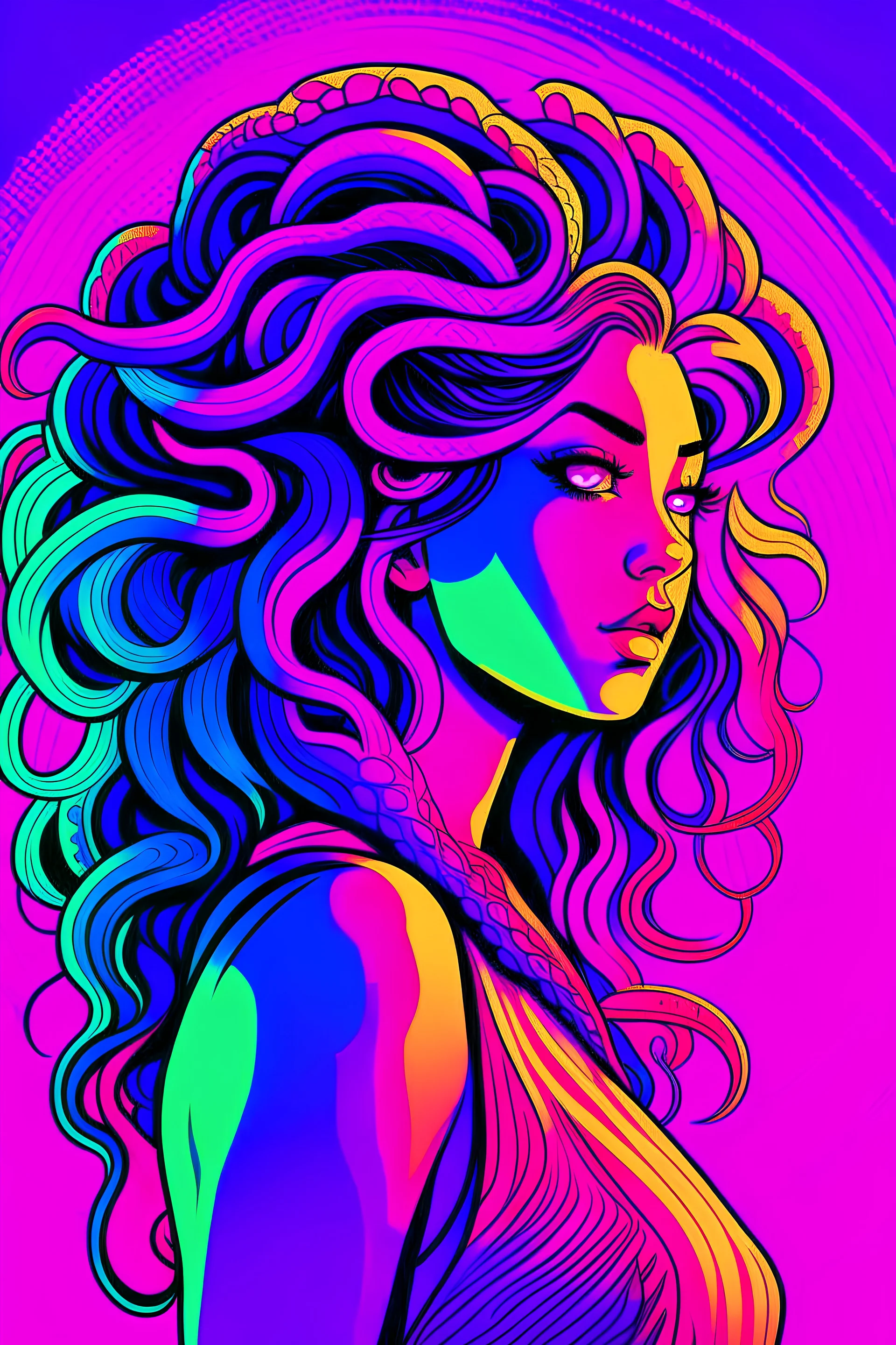 An alien woman with tentacles for hair in a retrowave theme