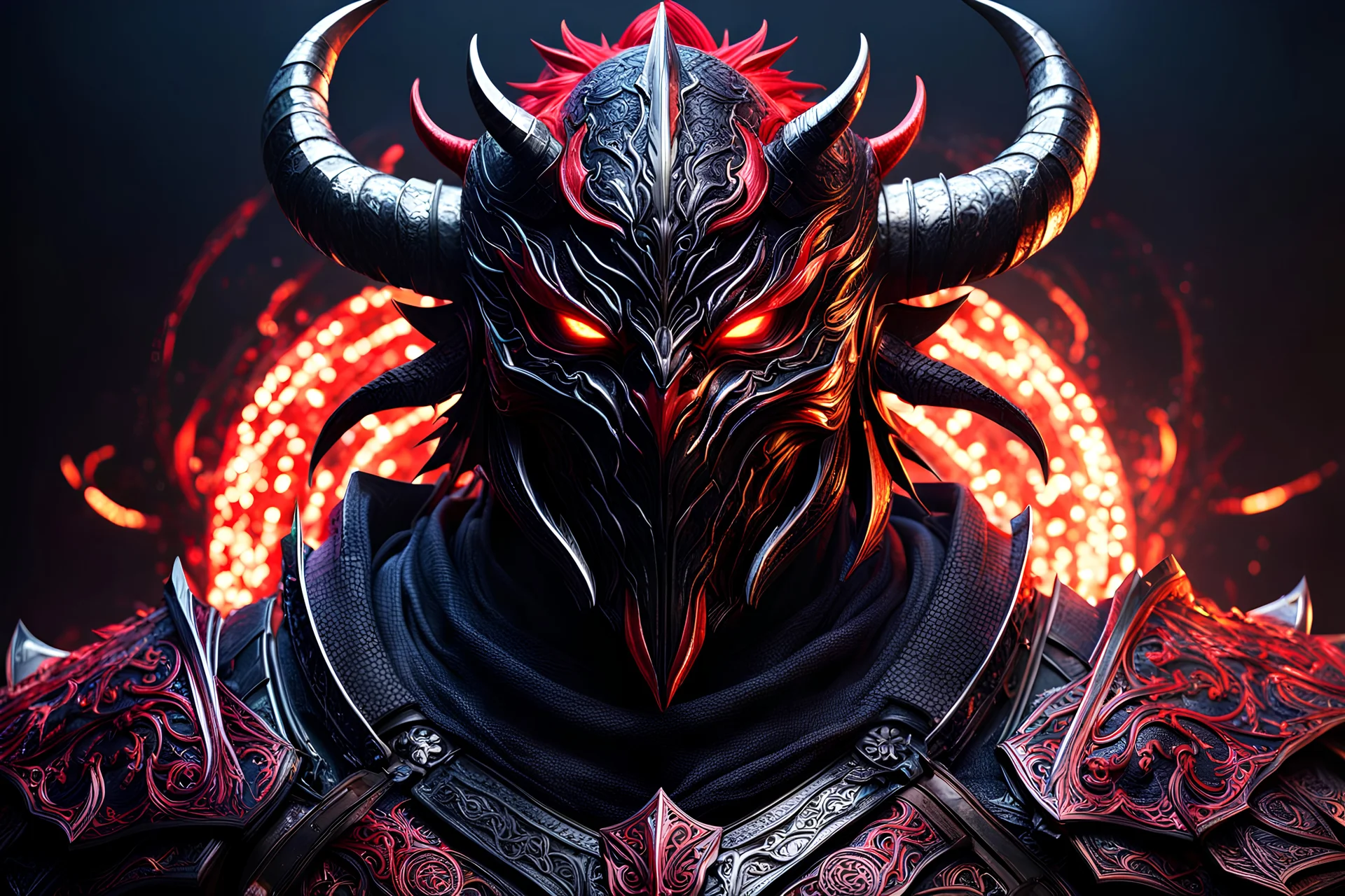 Carnage oni in 8k dark souls artstyle, ronin costum, galaxy mask, cover face, dynamic pose, oshare kei, hurufiyya, rtx , neon lights, intricate details, highly detailed, high details, detailed portrait, masterpiece,ultra detailed, ultra quality