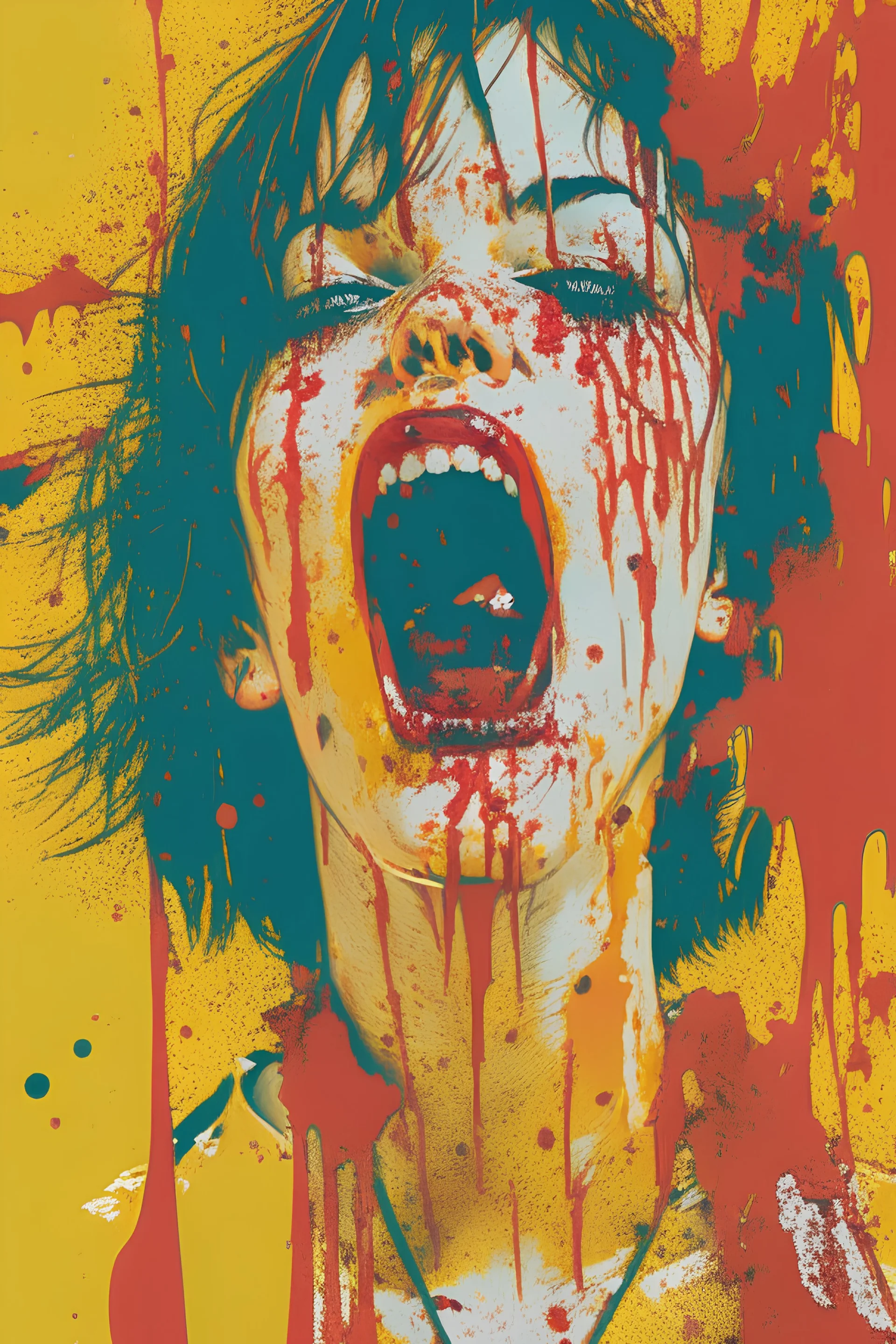 Digital illustration of 90s graphic design collage in Giallo highbrow artistic style portrait of italian actress Asia Argento covered in splattered blood, screaming, her eyes wide in terror, anime semi-realistic, exaggerated realism, macabre fine art, hardcore gore, horrorcut v.2, kandinsky 2.2,