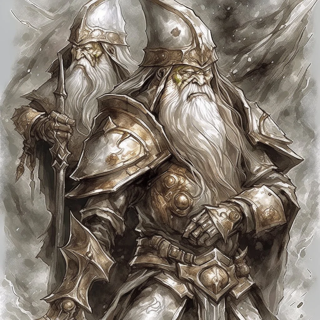 dwarf, dark armour, watercolour, artistic, illustration, rugged hair, bleak colours, dark atmosphere, shadows, portrait, wide face