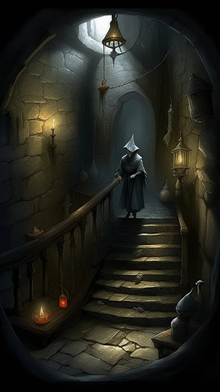 Bosch painting style nightmare a hooded man on the top of the long stairs , there is a prison window he descends into the dark, cavernous depths of the cellar beneath Blackwood Manor, where flickering torches cast eerie shadows across the damp stoneh walls. As he explores, he uncovers ancient artifacts and relics, each one hinting at a dark and mysterious past.]