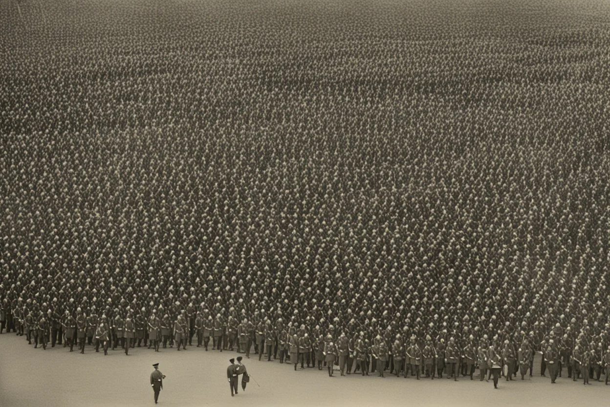 enormous military parade; birds eye view; soldiers marching