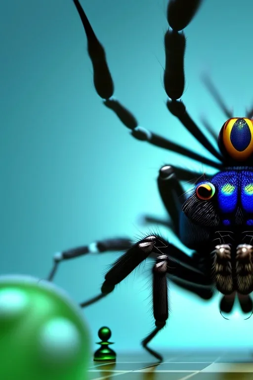 close up of a large hairy blue spider smiling and playing chess, photorealistic, blender render, wide angle lens, 4k, two birds in background, jungle,