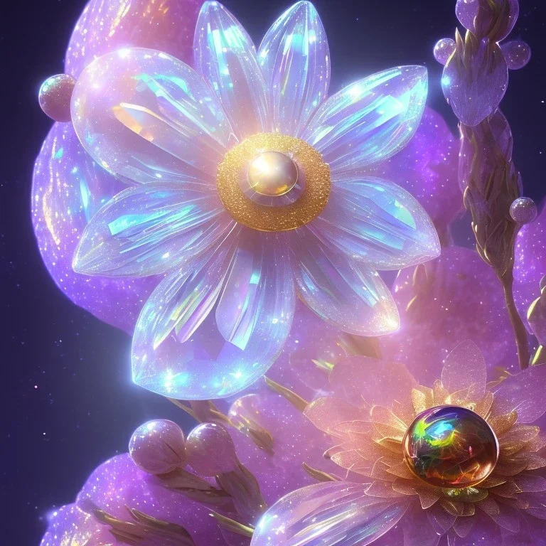 one big crystal subtle flower in a galactic ambiance with a very little beautiful fairy, transparent petals, delicate colors, in the foreground, full of details, smooth, bright sunshine，soft light atmosphere, light effect，vaporwave colorful, concept art, smooth, extremely sharp detail, finely tuned detail, ultra high definition, 8 k, unreal engine 5, ultra sharp focus