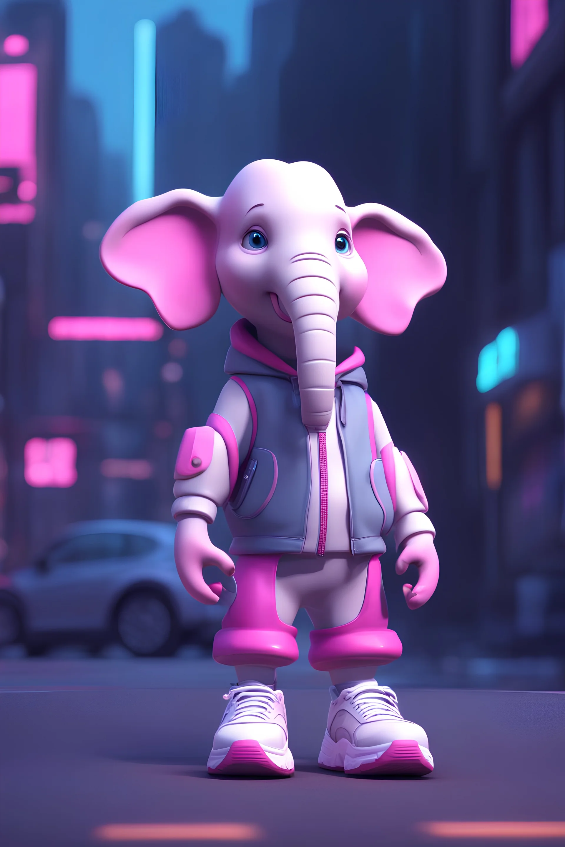 cartoon cute elephant with white and sneakers, Cyberpunk realism style, front view,, zbrush, Arys Chien and light magenta, lit children, 32k uhd, street fashion, round,8k,HD