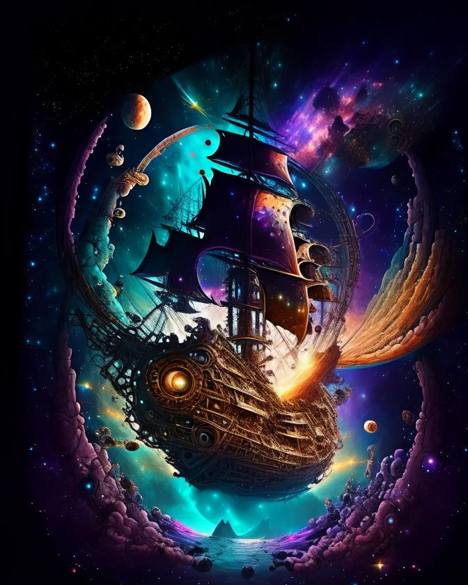 The cosmic pirate ship navigating through wormholes, exploring unknown galaxies.