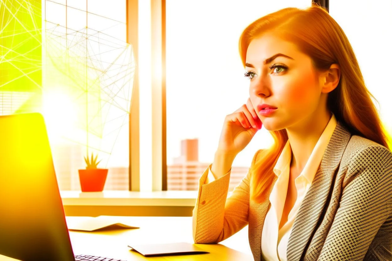 Beautiful problem solving woman in a modern office in sunshine