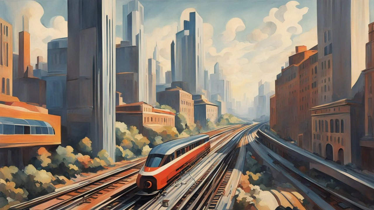 In this Italian Futurism-inspired cityscape, a train track cuts through the bustling urban landscape, symbolizing progress and movement. The track weaves its way between towering buildings with sleek, modern architecture, reflecting the avant-garde style of the early 20th-century art movement. A sleek, aerodynamic carriage speeds along the track, embodying speed and dynamism. The carriage's design is futuristic, with sharp angles and streamlined curves, evoking a sense of energy and innovation.