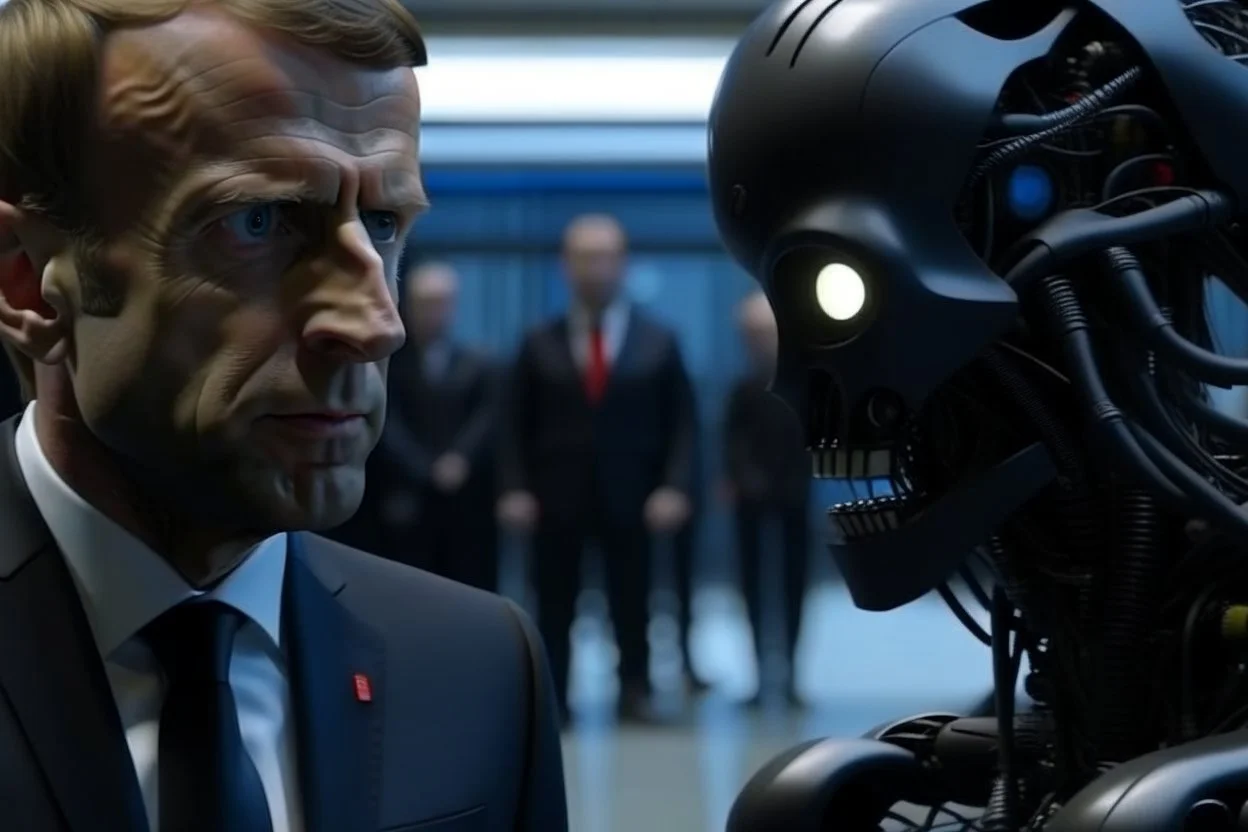 4k full details, full realism. EMMANUEL MACRON EN ROBOT TERMINATOR. ELYSEE EN FEU EN ARRIERE PLAN