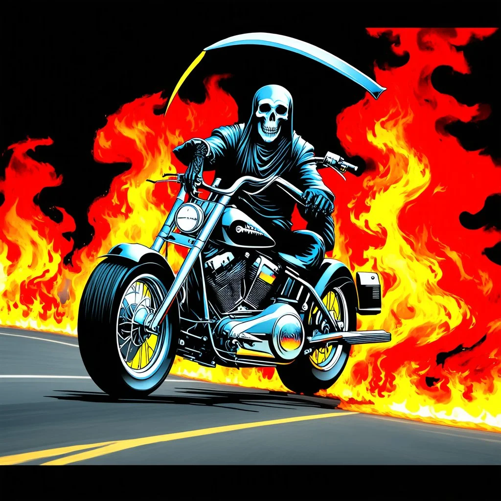 occultic Grim Reaper with scythe on a Harley chopper with high handlebars speeding down a surreal burning highway, dark velvet poster, dramatic, horror poster, sinister, dark neon colors, fantastical, by Ed Big Daddy Roth