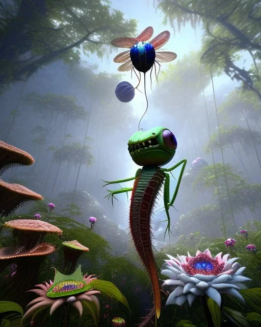 large venus fly trap with teeth eating a dragonfly, flowers, jungle, hyperrealistic, trees in background, digital art, alien like, disgusting, intricate, morbid, rainy, sinister, volumetric lighting, unreal engine, high resolution, 8k, depressing colors, dark colors,