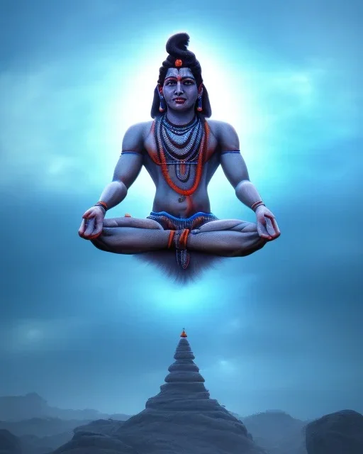 tribal lord shiva meditating in the air, ultra realistic photo, blue colour, high key lighting, volumetric light high details psychedelic background