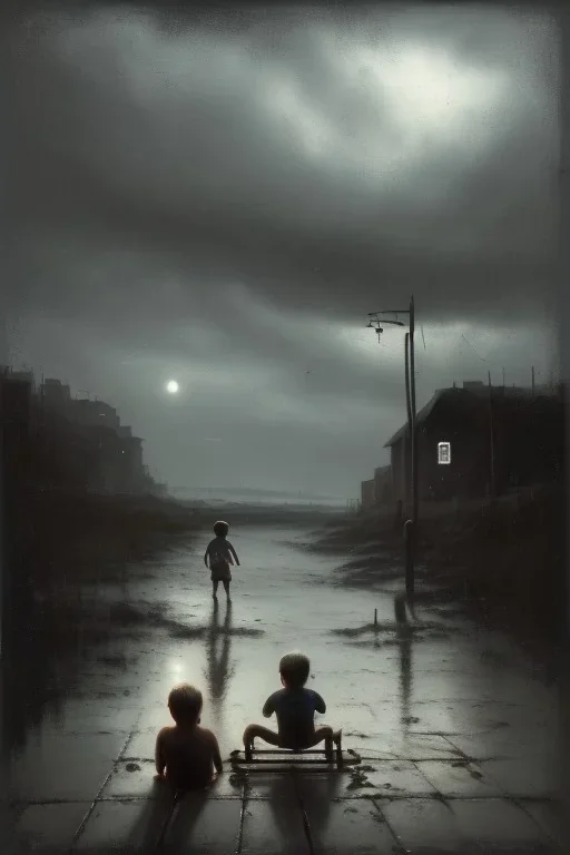 young boy beside man asleep on beach, dark storm clouds overhead, gloomy, bleak, shopping trolley on side, dusk. the road cormac mccarthy