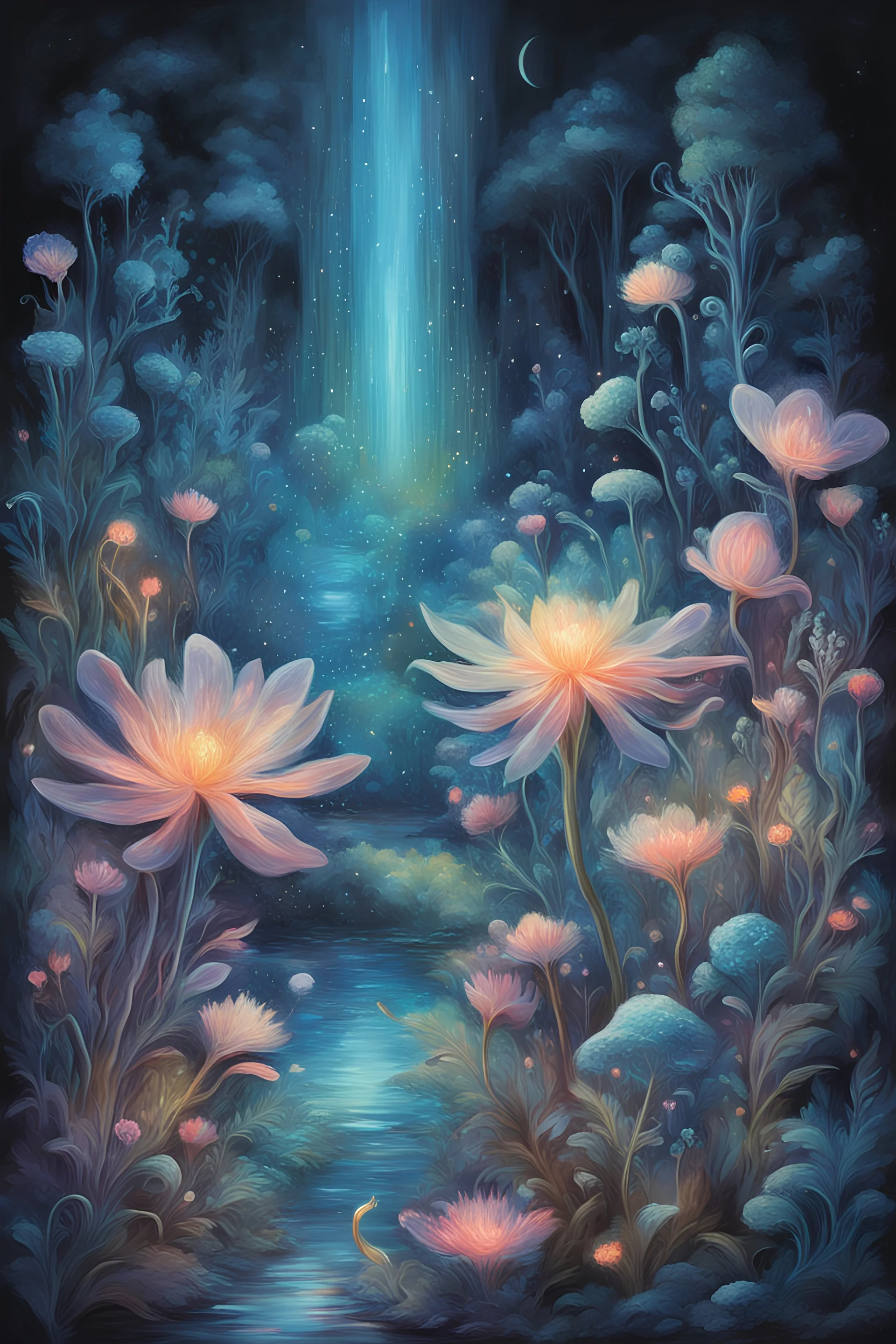 Ultra detailed illustration of a magical world of wonders, glowy, bioluminescent flora, incredibly detailed, pastel colors, handpainted strokes, visible strokes, oil paint, art by Mschiffer, night