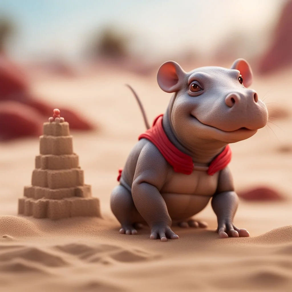 elongated female rat hippo gremlin in sand castle on the red beach ,bokeh like f/0.8, tilt-shift lens 8k, high detail, smooth render, down-light, unreal engine