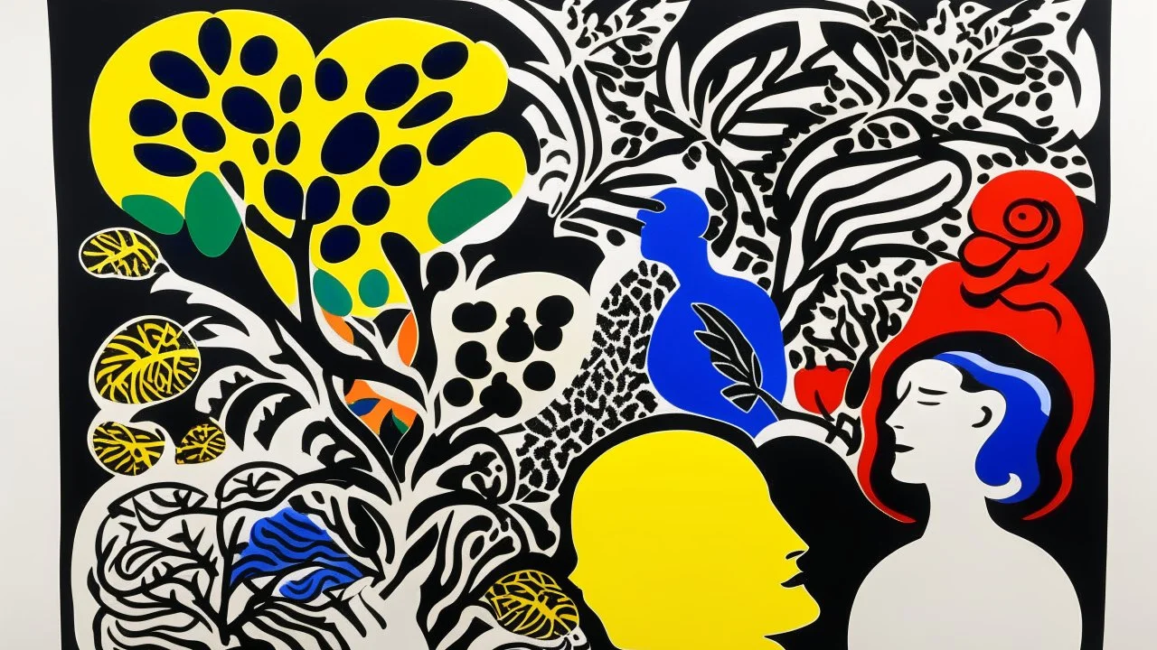 A contemporary serigraphy by Matisse and Myazaki of a digital brain.