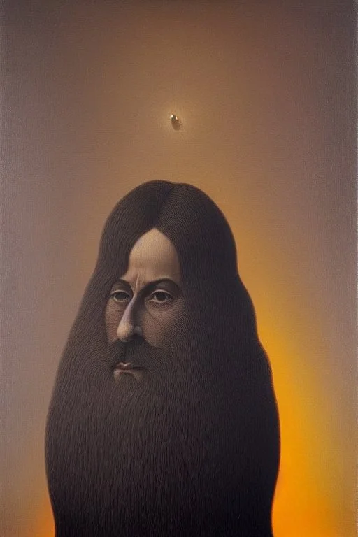 poetical, surreal minimalistic artwork, a 40 years old man with a huge beard filled with coloured musical notes, side light, side view, photorealistic, a painture in the style of Max Ernst, Renè Magritte,