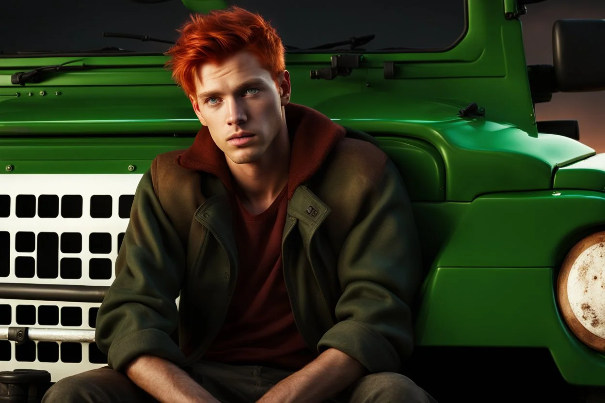 Young rugged looking male with red hair and green eyes sitting in a jeep close up photo realistic