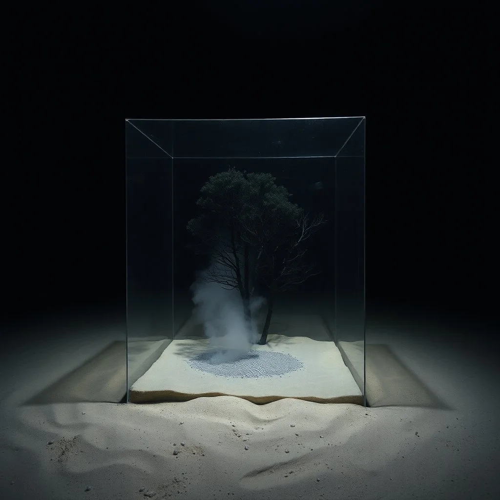 A photo of a dark, closed environment in a dark open space. Splop, splimapys, orero dream. At the center, a transparent plastic made of plexiglass encloses a misty element. There are dark trees. The surface below appears to be sandy, with small accumulations of sand. In the background, other forms or structures are visible, some of which are dark and organic in appearance. The image has a glossy finish and was shot with a Hasselblad H6D-400c.