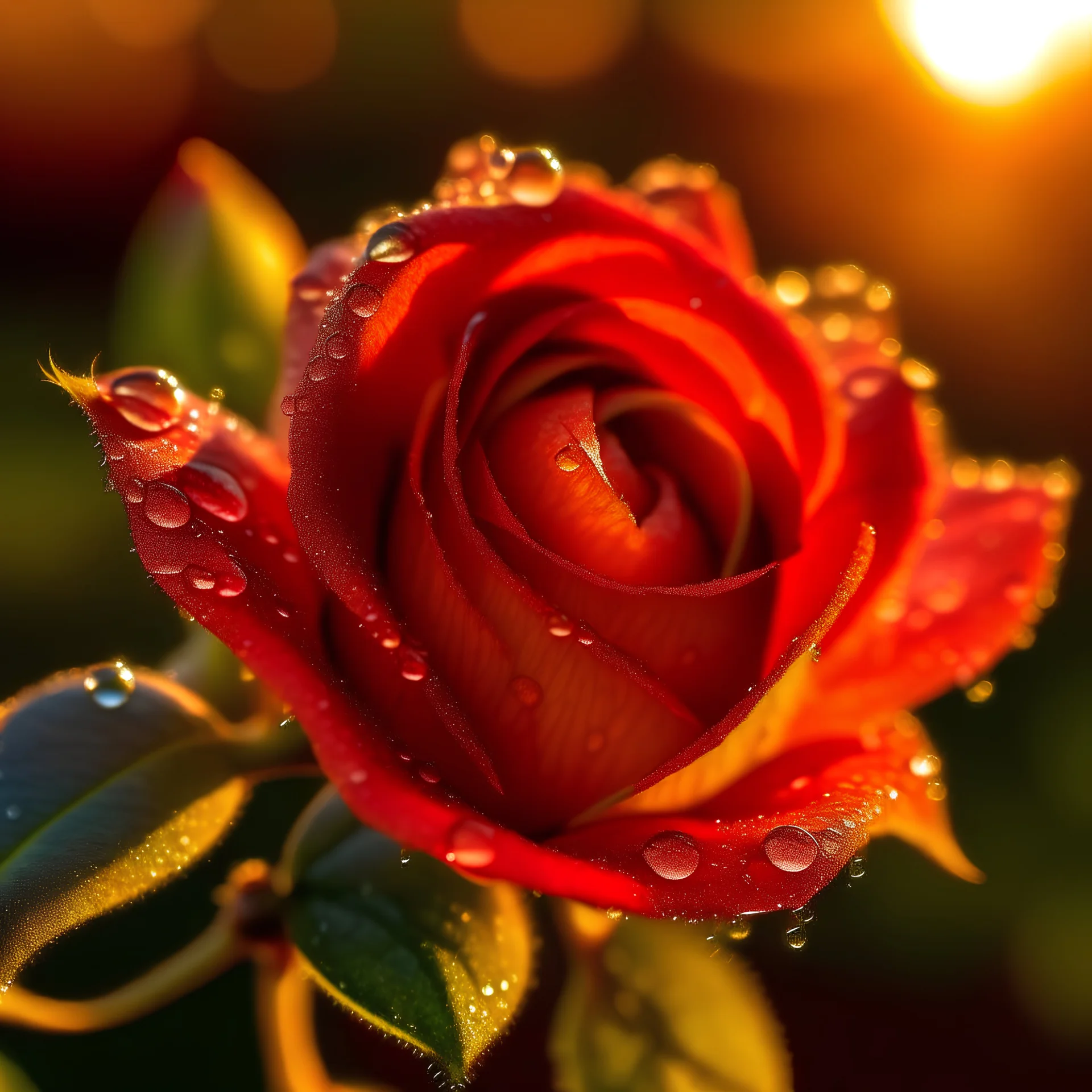 A beautiful rose with dew drops on it, sunset reflecting on the drops