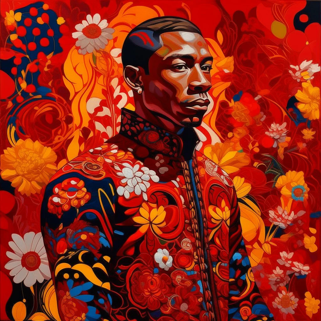🔥 PROMPT: A painting of a front-facing man, rendered in a colorful and vividly bold design. The composition features striking patterns in red, gold, and black, set against a deep red background. Floral motifs and folkloric elements are intricately woven into the design, creating a dynamic and visually rich piece. The artwork combines the expressive energy of flower power with folkloric influences, exuding a bold, appropriation art style that is both captivating and culturally vibrant.