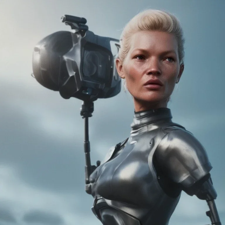 Ultra Realistic retro sci-fi movie war scene, waist up view portrait, blonde woman pointing a gun, sweet Kate moss face, perfect iris, glow eyes, makeup, weapon. Drones background, Retro sci-fi style, helmet, tight latex coat, fog, rain, soft color, highly detailed, unreal engine 5, ray tracing, RTX, lumen lighting, ultra detail, volumetric lighting, 3d, finely drawn, high definition, high resolution.