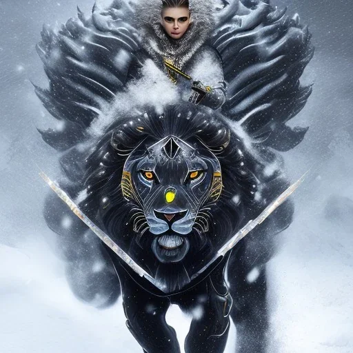 Snow place, black half human Lion hybrid ride on a black motorcycle