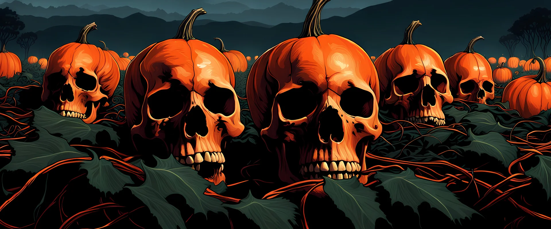 a highly detailed matte painting of a view of dozens of human skulls still attached to a vine in a large field, vines still connected like tendrils, designed to look like a pumpkin patch, painted orange, growing off of a vine of orange skulls, elegant atmosphere, glowing lights, highly detailed, concept art, smooth sharp focus, horrorcore, directed by Alfred Hitchcock, and drawn by H.R. Geiger