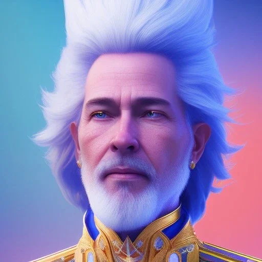 A portrait of a crystalised blue pink king, gold, sunny background, atmospheric, realistic, unreal engine, 8k. Cinematic lighting, octane render.