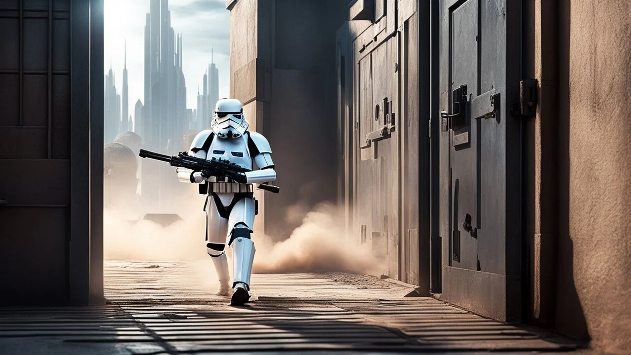 [sci-fi futuristic action movie photo] a dusty stormtrooper escaping from a rebel jail, he is on the doorstep, laser bars on the door, in the shadow of the doorstep, the cityscape behind