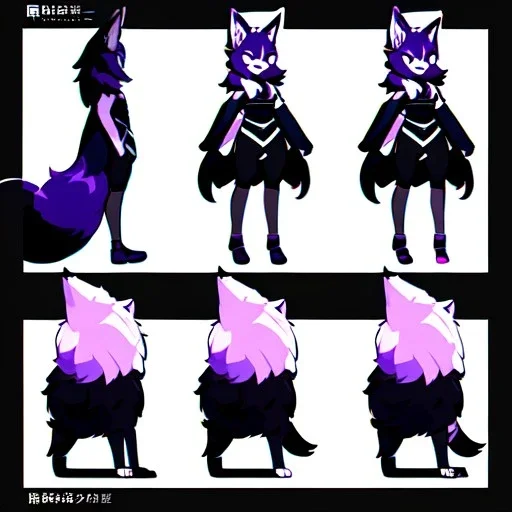 a fox fursona, darker colors, master quality, backlighting, soft lights, full body portrait, in frame, 8k, furry, fur, black and purple color pallet, fursona reference sheet,