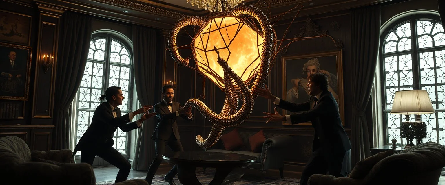 Some well dressed goths fighting to contain energy from floating chtonian glowing vessel made by twisted snakelike sticks creating weird geometric form in dramatic scene in luxury parlour in the style of Giger and Escher