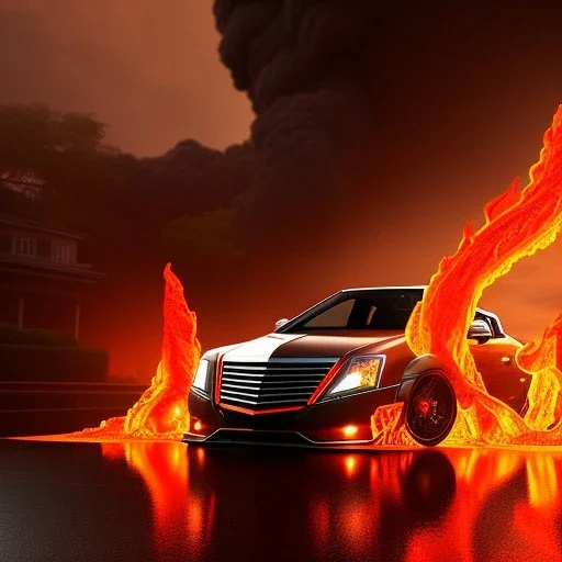 sweeping view of detailed phong shaded rendering of a car made of only molten lava, headlights, bumpers, whole car is lava