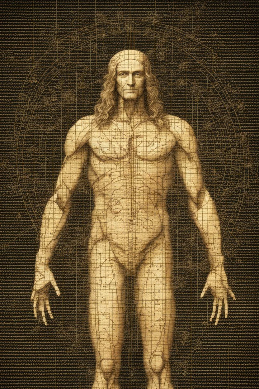 Human – Language – Computer. Leonardo da Vinci's Vitruvian man against the background of the matrix and the crumbling ones and zeroes. close-up of the surrounding area. Solid science fiction, high resolution