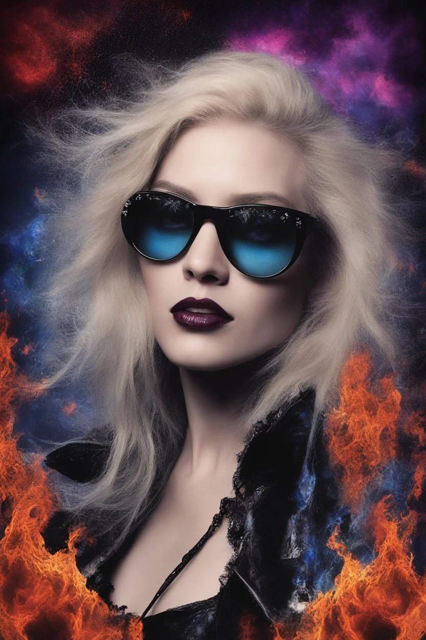 head and shoulders image, Zebulan Lanuzeb - Kiss Me Deadly - Reptilian-skinned - Ray-Ban sunglasses - Motley Crue - gothic pale-skinned vampire, fire and multicolored electrified cosmic clouds, Professional quality Photograph by Hoy Tung lu- Multicolored lightning -a smiling, long, blonde hair, blue eyes, goth makeup, black leather biker's jacket, black leather pants, combat boots, black fingerless gloves, sitting on in the forest next to a fire,