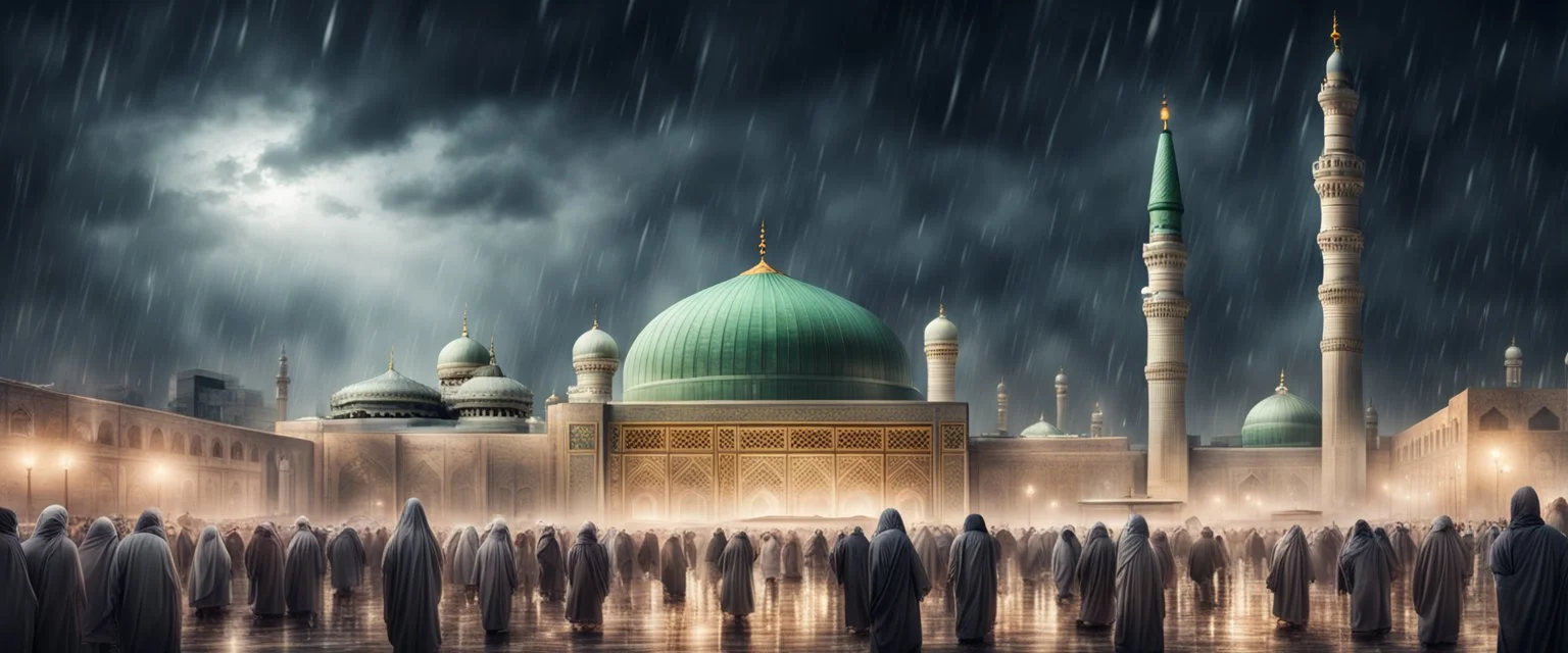 Hyper Realistic Majestic View of Madina with lots of people worshipping at rainy night with vignette effect