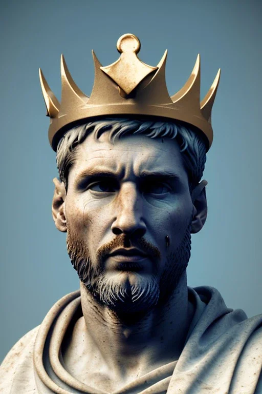 Ultra Realistic image, Roman sculpture, white marble material, Lionel Messi, gold crown of natural thorns, god crown, sun rays background, waist up portrait, epic, celestial, cinematic lighting, God lights, 4k resolution, smooth details, soft lighting, unreal engine 5, art station, substance 3d.