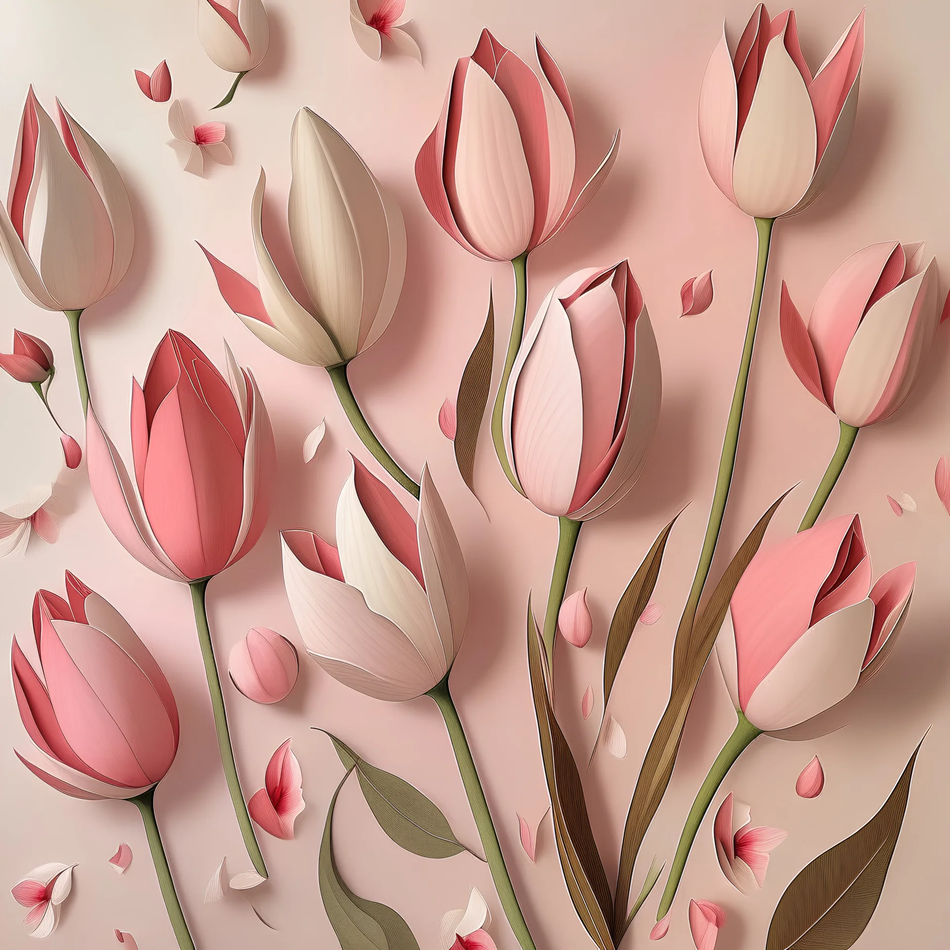 Tulips ,moodboard ,aesthetic tulips, light pink and creamy color collage, pattern wrapped in paper, flying petals embroied