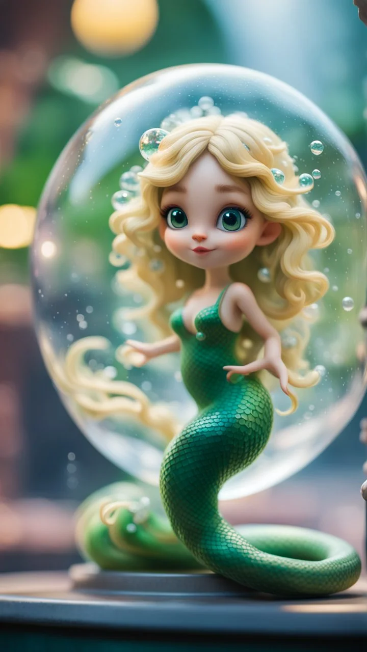 portrait of tiny green mermaid snake winged fairy with blonde swirly hair completly inside crystal ball bubble at the train station under waterfall,bokeh like f/0.8, tilt-shift lens 8k, high detail, smooth render, down-light, unreal engine, prize winning