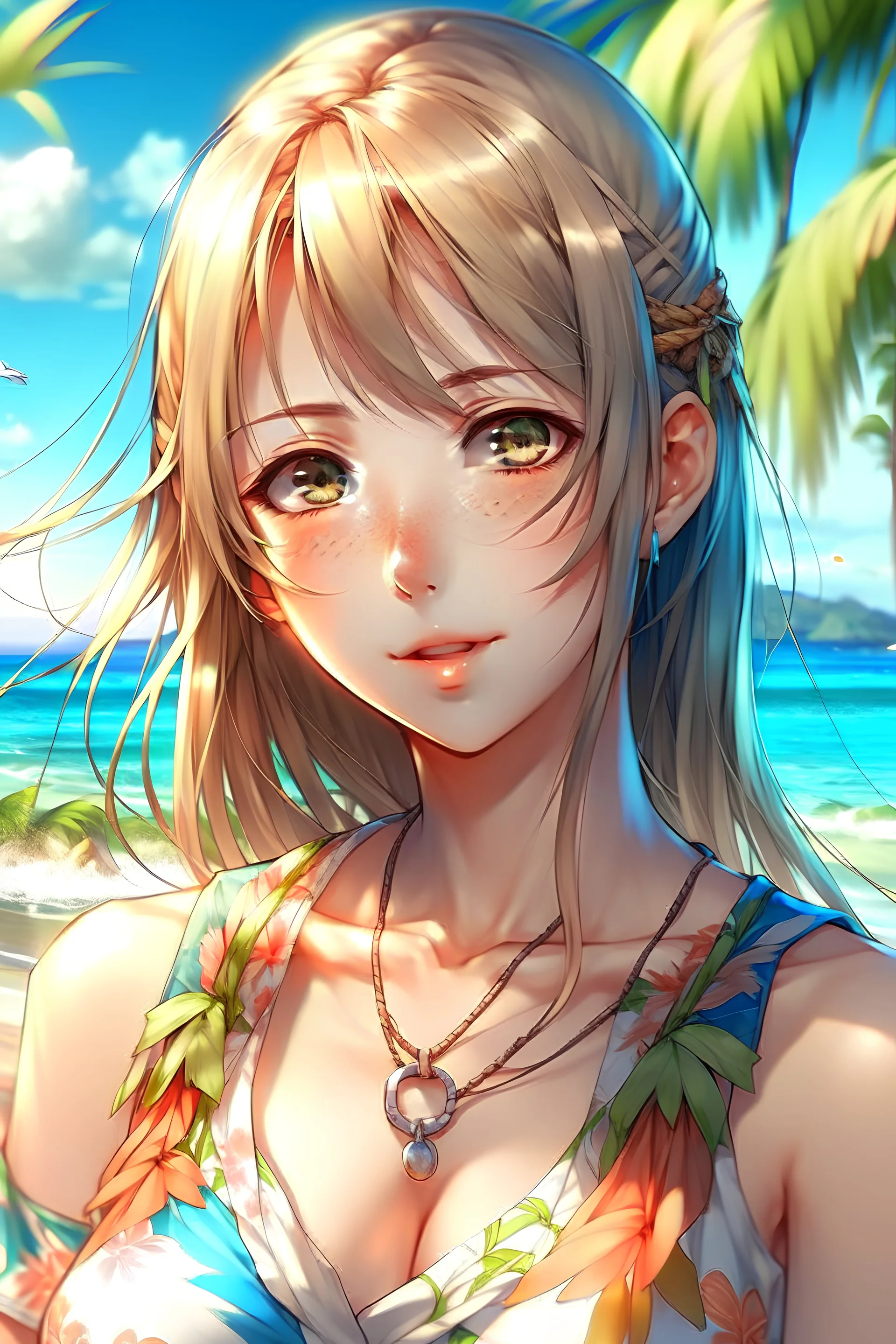 The beautiful and perfect portrait is on the tropical island, anime sexy, feminine female character on the beach for the magazine "Yuri", 8K resolution, high quality, ultra graphics, and detailed with lines.