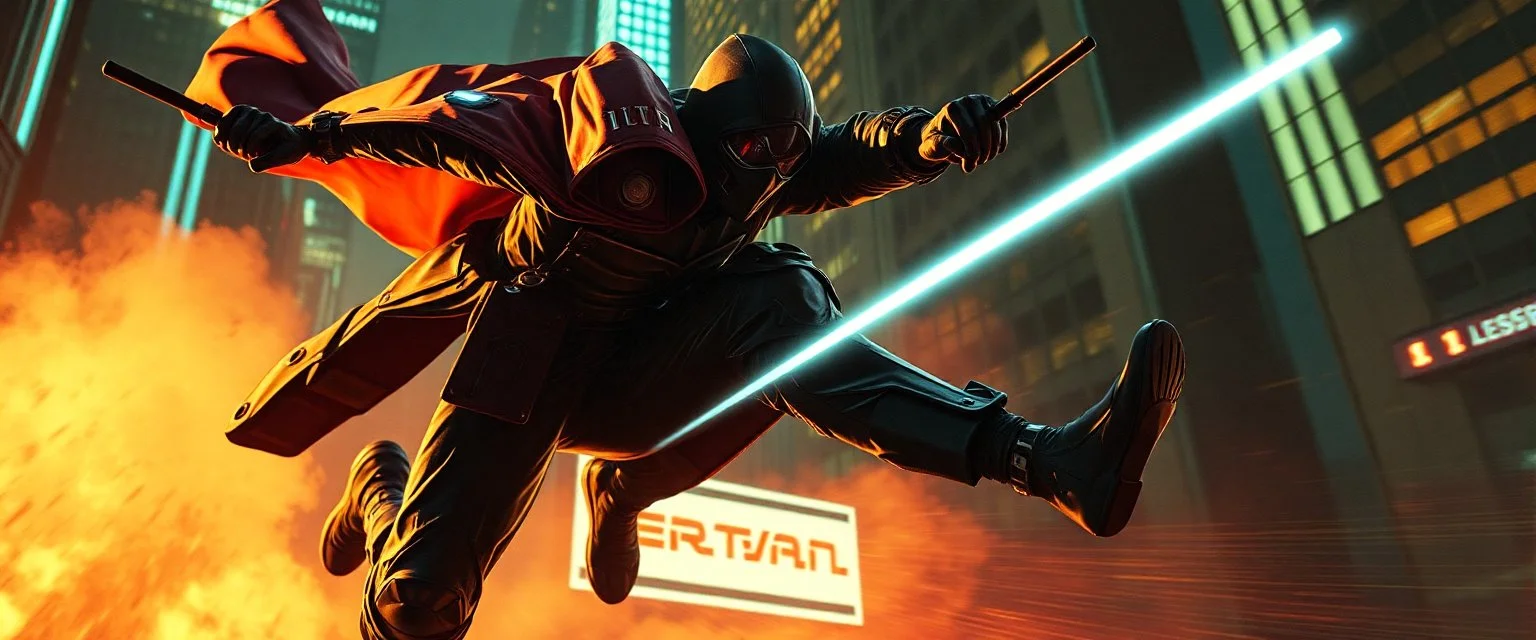sleath thug cyberpunk action scene, acrobatic dodge, cape harlekin