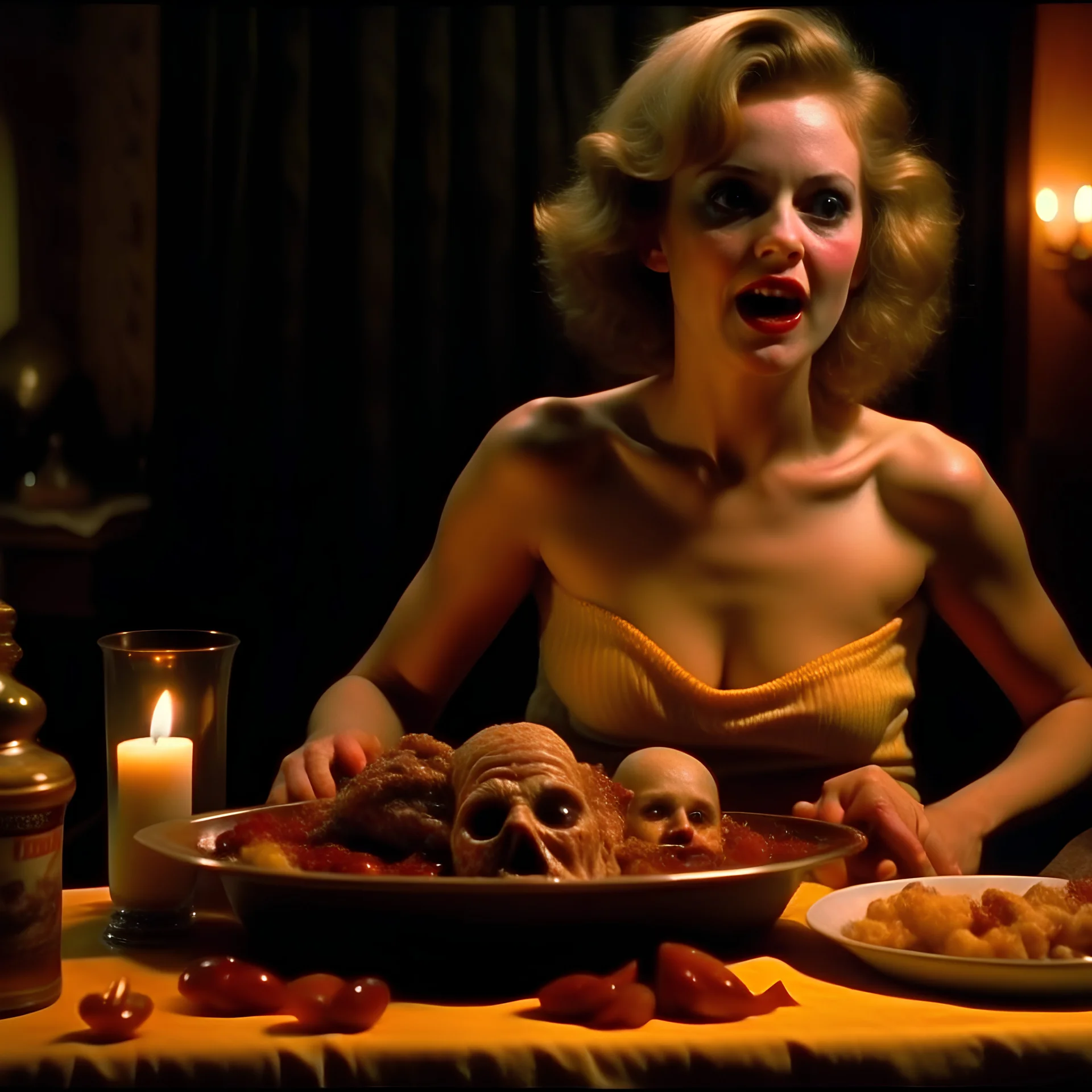 Spooky, ultra realistic, distress, nude, dining, pieces of meat, creepy organic ail dynamic, anguish, excited hot woman, movie scene, hypermaximalist, Creepy, Alfred Hitchcock, Sam Raimi, sinister, John Carpenter, Dario Argento, ornate