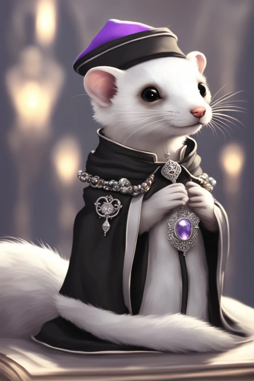 (anthropomorphic white ferret),dressed in ((cleric fantasy)) black clothes with silver holy ornaments, realistic anatomy, posing, cute face, fantasy inspire, church on background with warm sunshine lighty from behind, gloomy atmosphere purple armband, The holy icon style, RTX, praying pose, close eyes:2.5